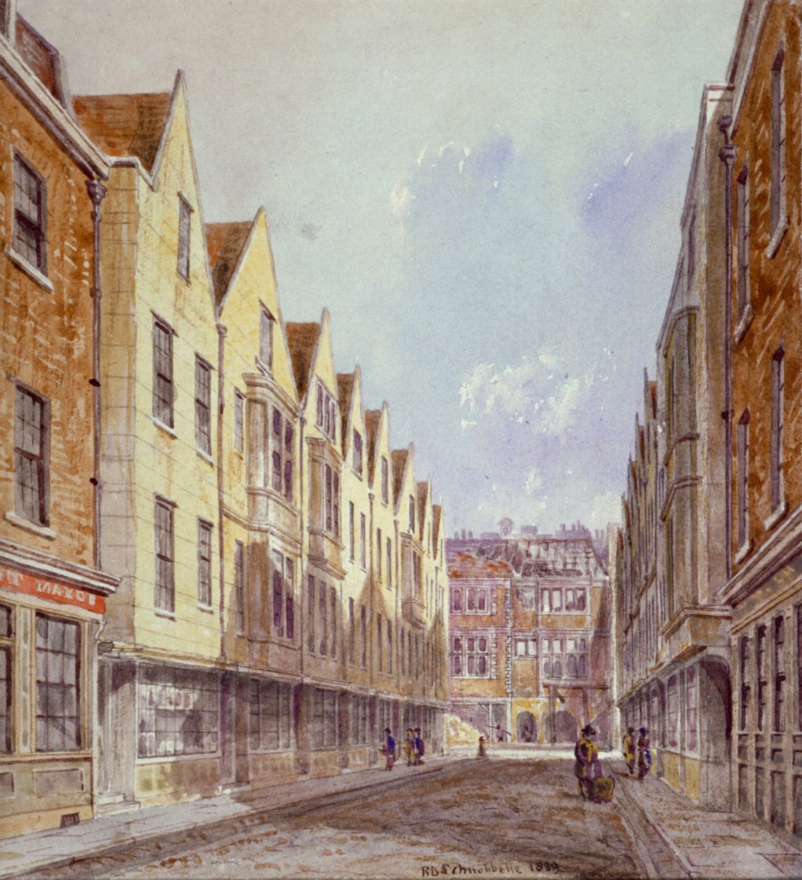 Udsigt over Great Winchester Street med Winchester Place synligt i det fjerne, London, 1839. af Robert Blemmell Schnebbelie