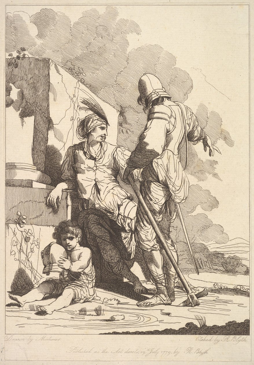 To soldater og barn holder en hjelm, 19. juli 1779. af Robert Blyth