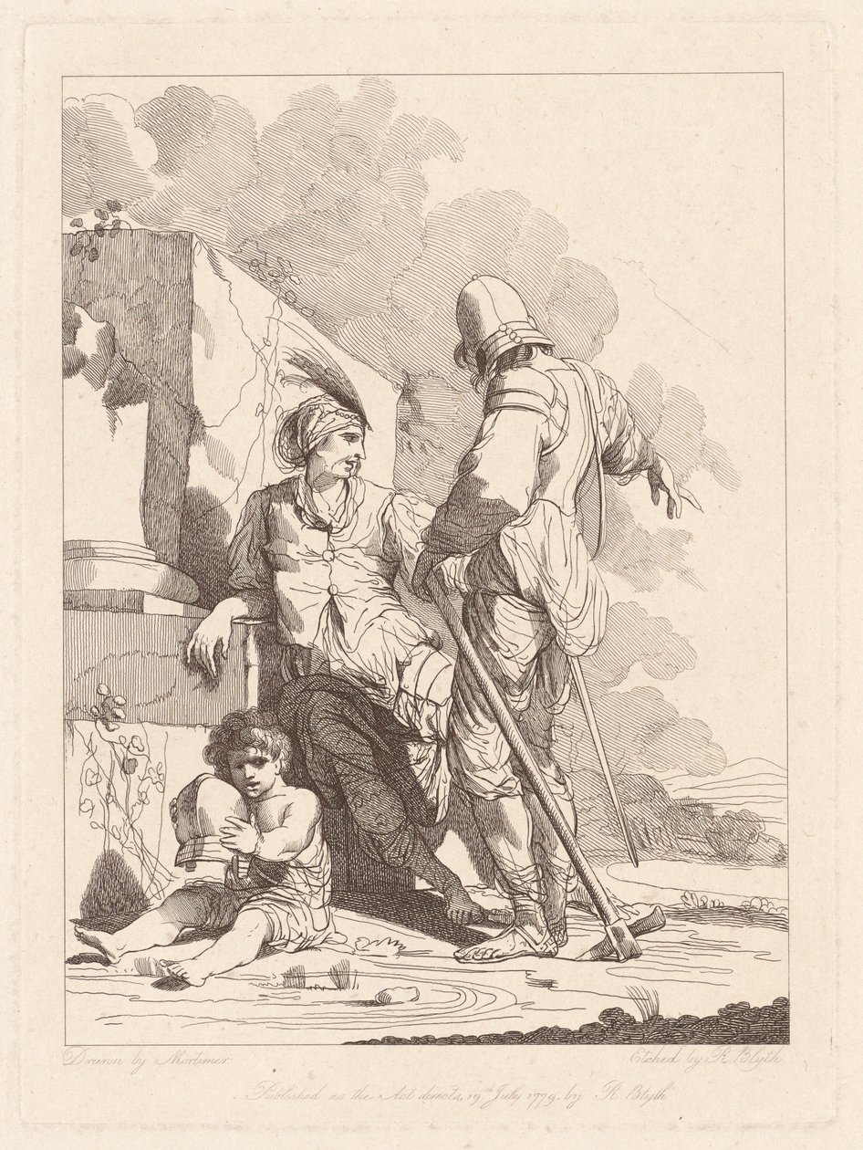 To soldater og et barn holder en hjelm af Robert Blyth, after John Hamilton Mortimer