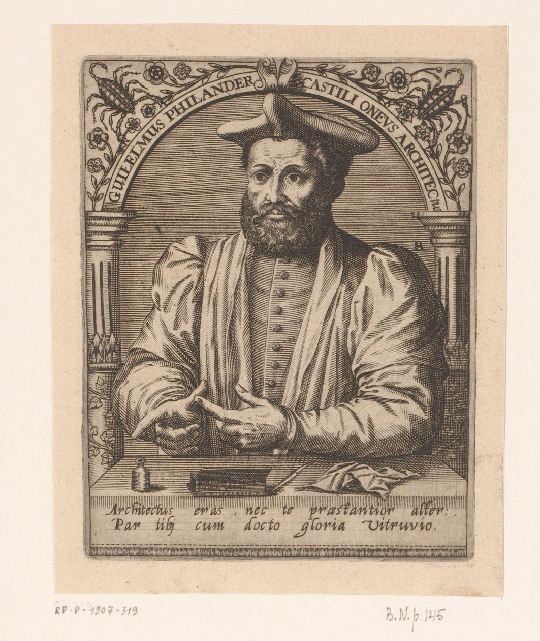 Portræt af Guillaume Philandrier Guilelmus Philander Castili oneus architectus (titel på objekt) Serie af portrætter af lærde fra det femtende og sekstende århundrede (serietitel) af Robert Boissard