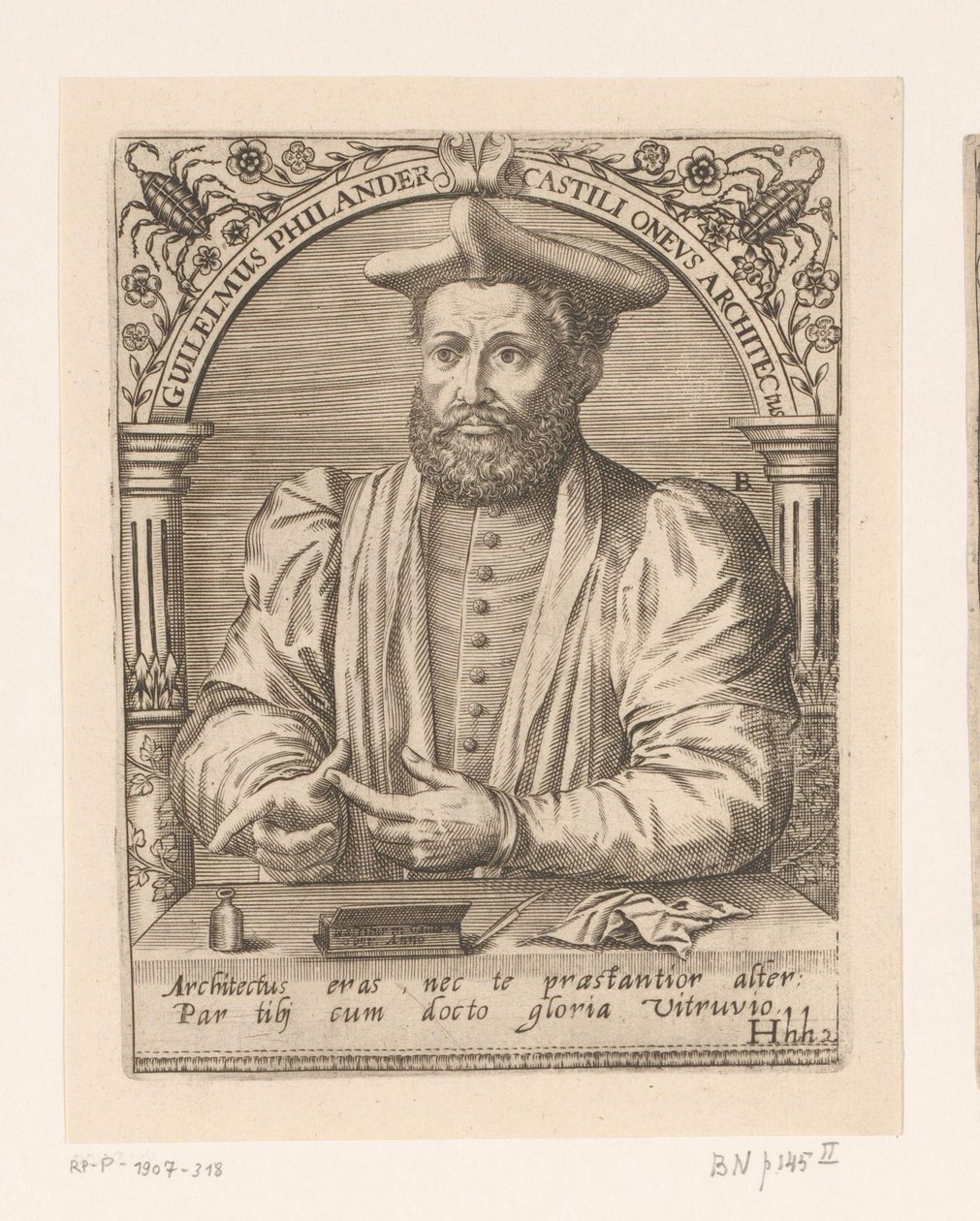 Portræt af Guillaume Philandrier Guilelmus Philander Castili oneus architectus (titel på objekt) Serie af portrætter af lærde fra det femtende og sekstende århundrede (serietitel) af Robert Boissard