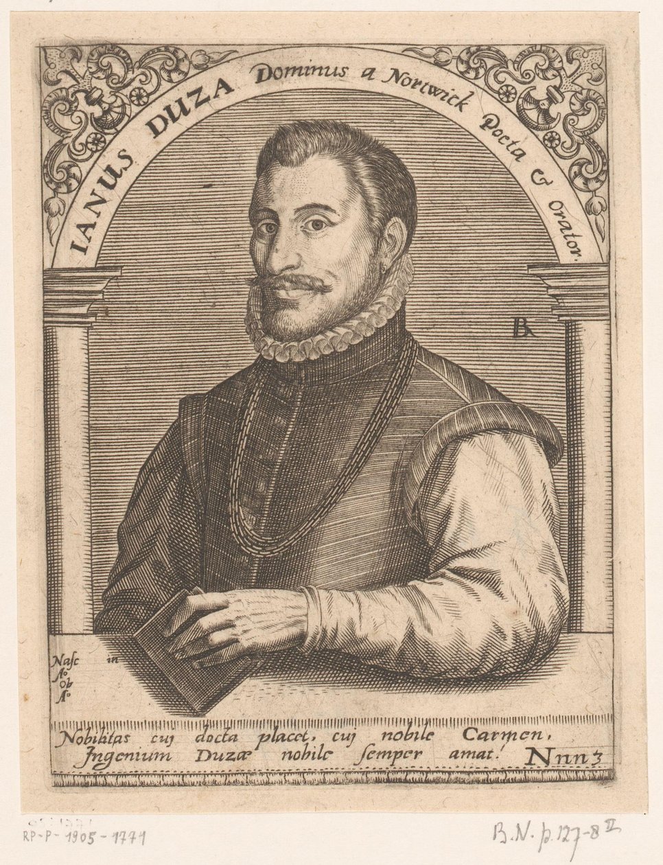 Portræt af Janus Dousa Janus Duza Dominus en Nortwick Poeta & Orator. (titel på objekt) Serie af portrætter af lærde fra det femtende og sekstende århundrede (serietitel) af Robert Boissard