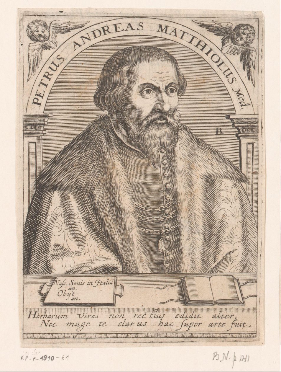 Portræt af Pietro Andrea Mattioli Peter Andrew Matthews Med. (titel på objekt) Serie af portrætter af lærde fra det femtende og sekstende århundrede (serietitel) af Robert Boissard