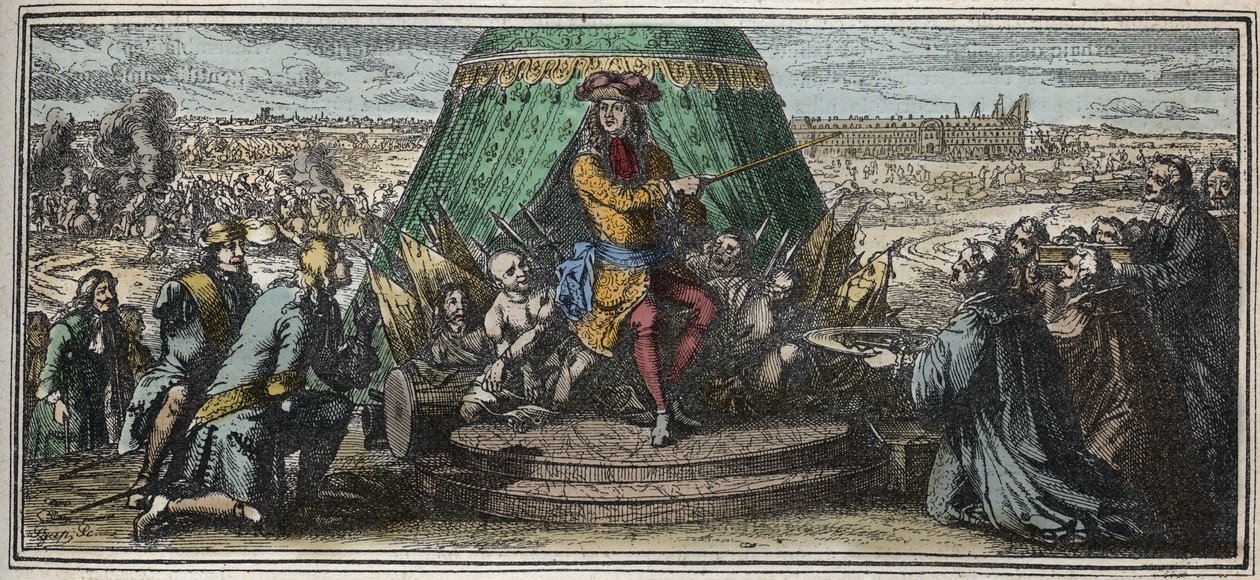 Opførelsen af Les Invalides i 1670 - Allegori om grundlaget for Hotel des Invalides - Ludvig XIV, der viser sine gamle lemlæstede soldater Hotel des Invalides under opførelse, gravering af Robert Bonnart (1652-1729) af Robert Bonnard