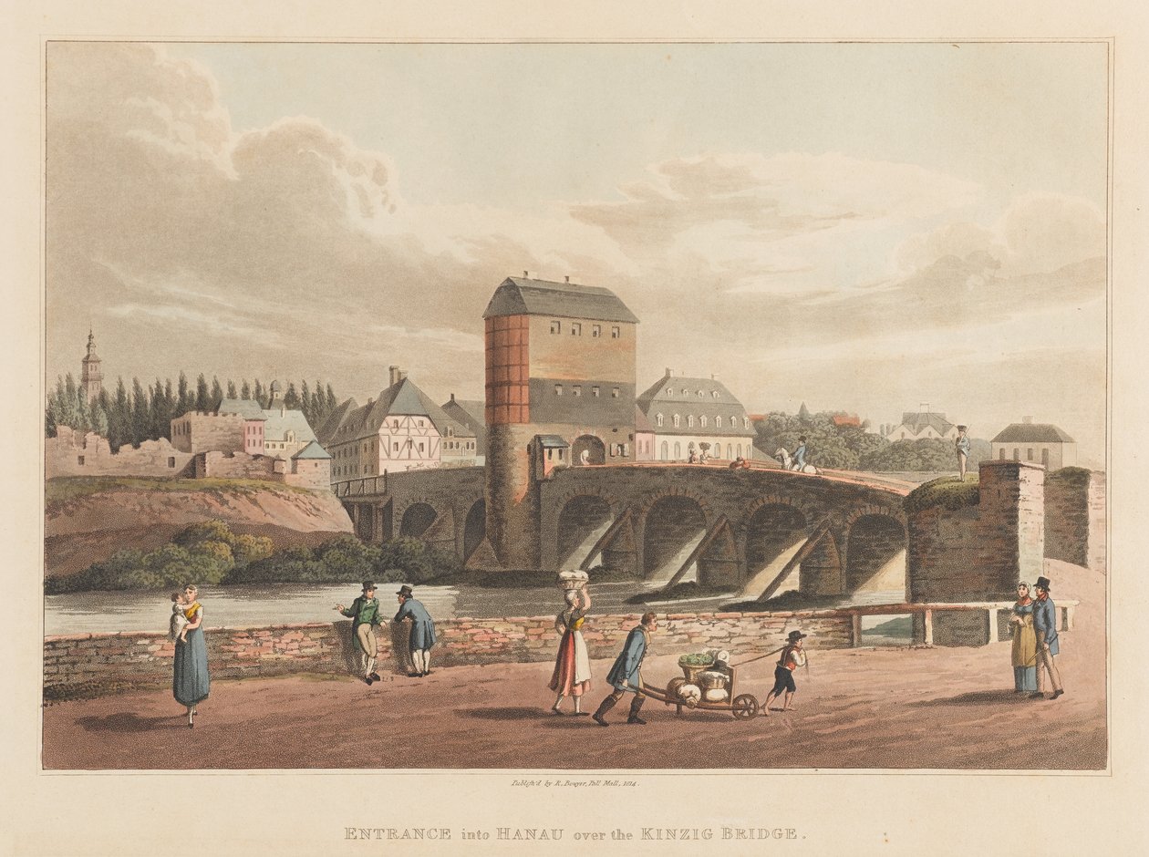 Indgang til Hanau over Kinzig-broen, 1814 (akvatint) af Robert Bowyer