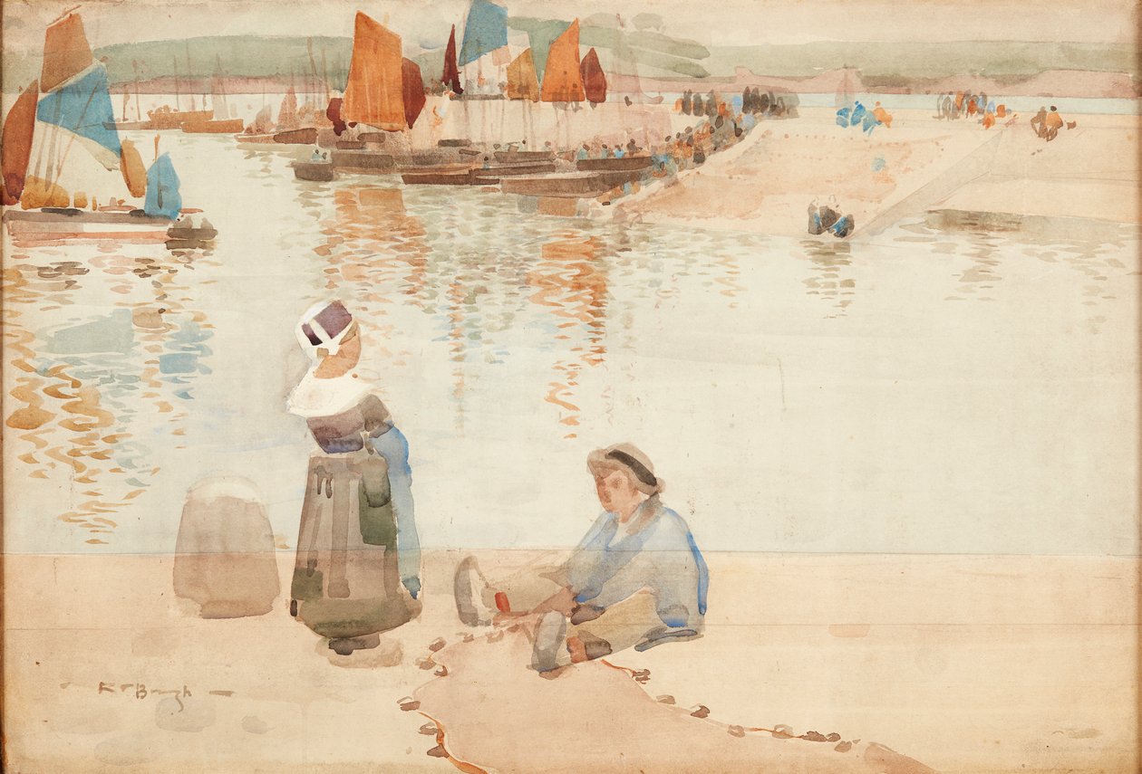 Figurer på havnemuren, Bretagne (akvarel) af Robert Brough