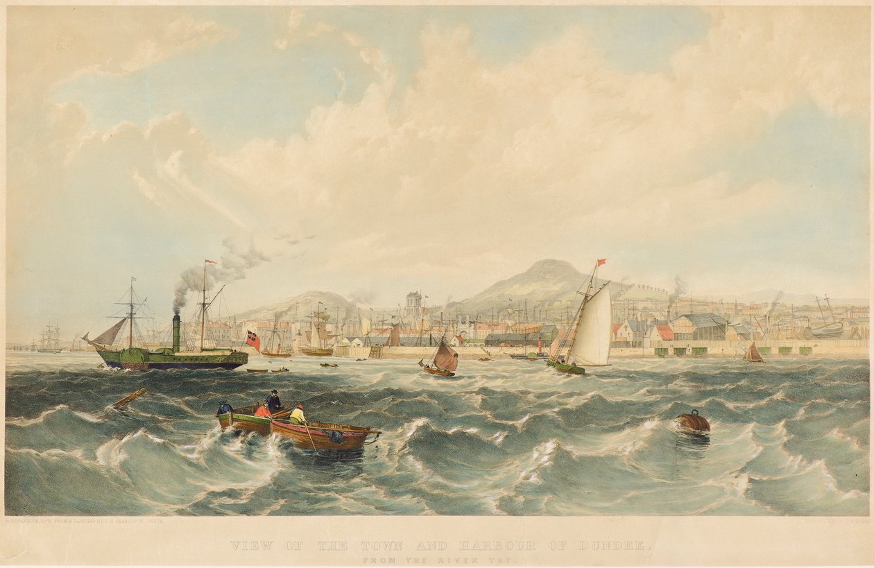 Udsigt over byen og havnen i Dundee, ca. 1850 (litografi) af Robert Carrick