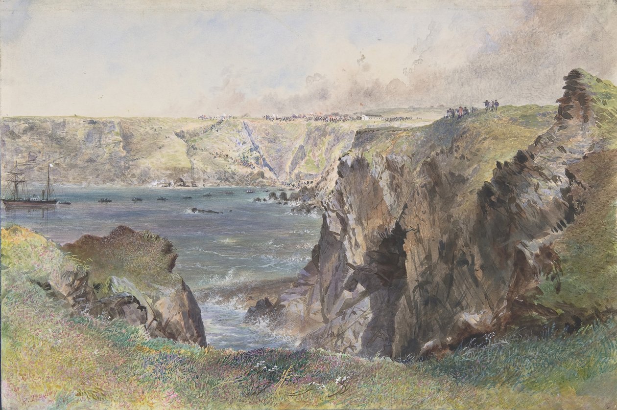 Foilhummerum Bay, Valentia, fra Cromwell Fort: The Caroline Laying the Earthwire den 21. juli 1865. af Robert Charles Dudley