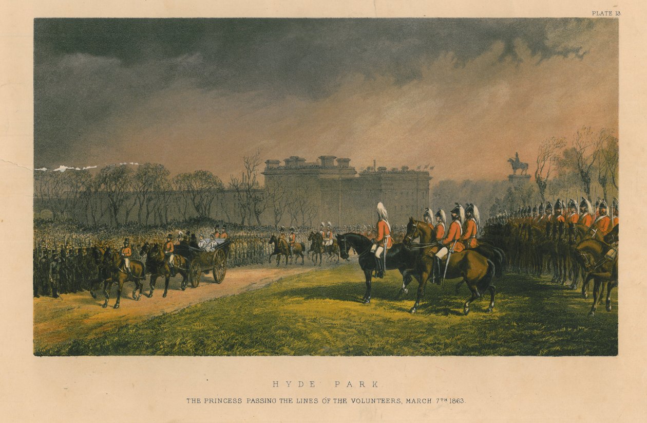 Hyde Park - prinsessen passerer de frivilliges linjer, 7. marts 1863, 1863 af Robert Charles Dudley