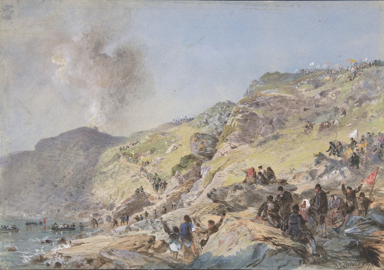 Klipperne, Foilhummerum-bugten, Valentia, det punkt, hvor kablets kystende..., 1865, 1865 af Robert Charles Dudley