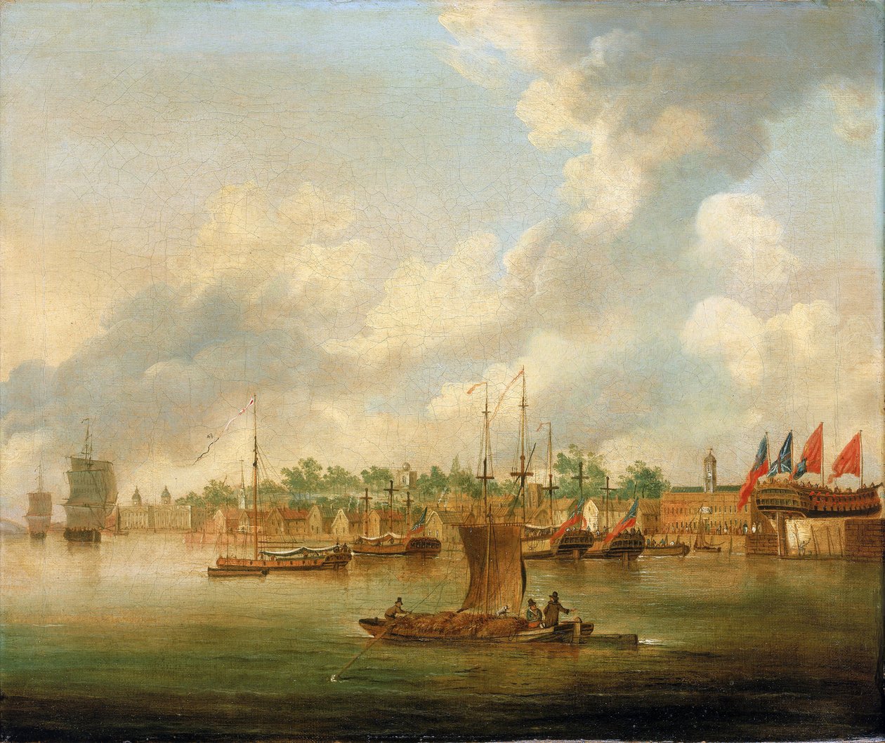 Navigation i Deptford, ved Themsen (England), overfor Royal Quay, med en stor koncentration af private skibsværfter af Robert Cleveley
