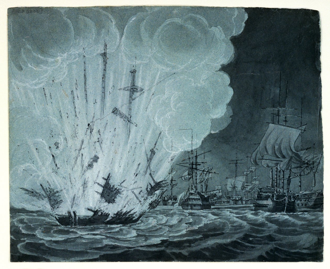Skib, der sprænges, i slaget ved Nilen (pennetegning, grey wash) af Robert Cleveley