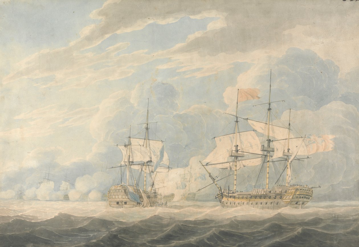 Den hollandske viceadmiral under admiral De Winter slog sit flag til den engelske viceadmiral Onslow under admiral Duncan i slaget ved Camperdown, 11. oktober 1797 af Robert Cleveley