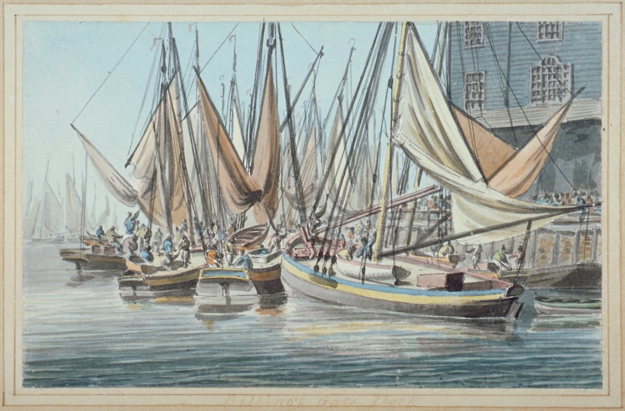 Udsigt over Billingsgate-kajen med både på vandet, City of London, 1790. af Robert Clevely