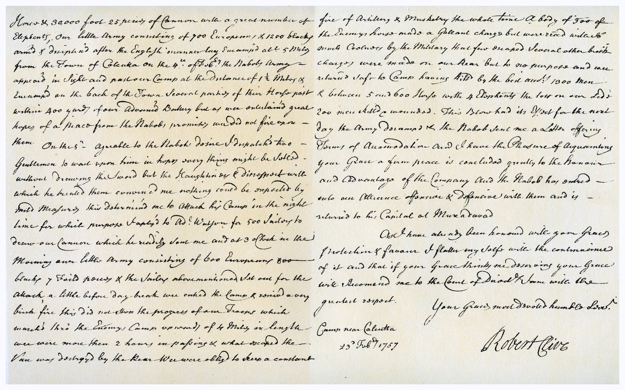 Brev fra Robert Clive til Thomas Pelham-Holles, 23. februar 1757. af Robert Clive