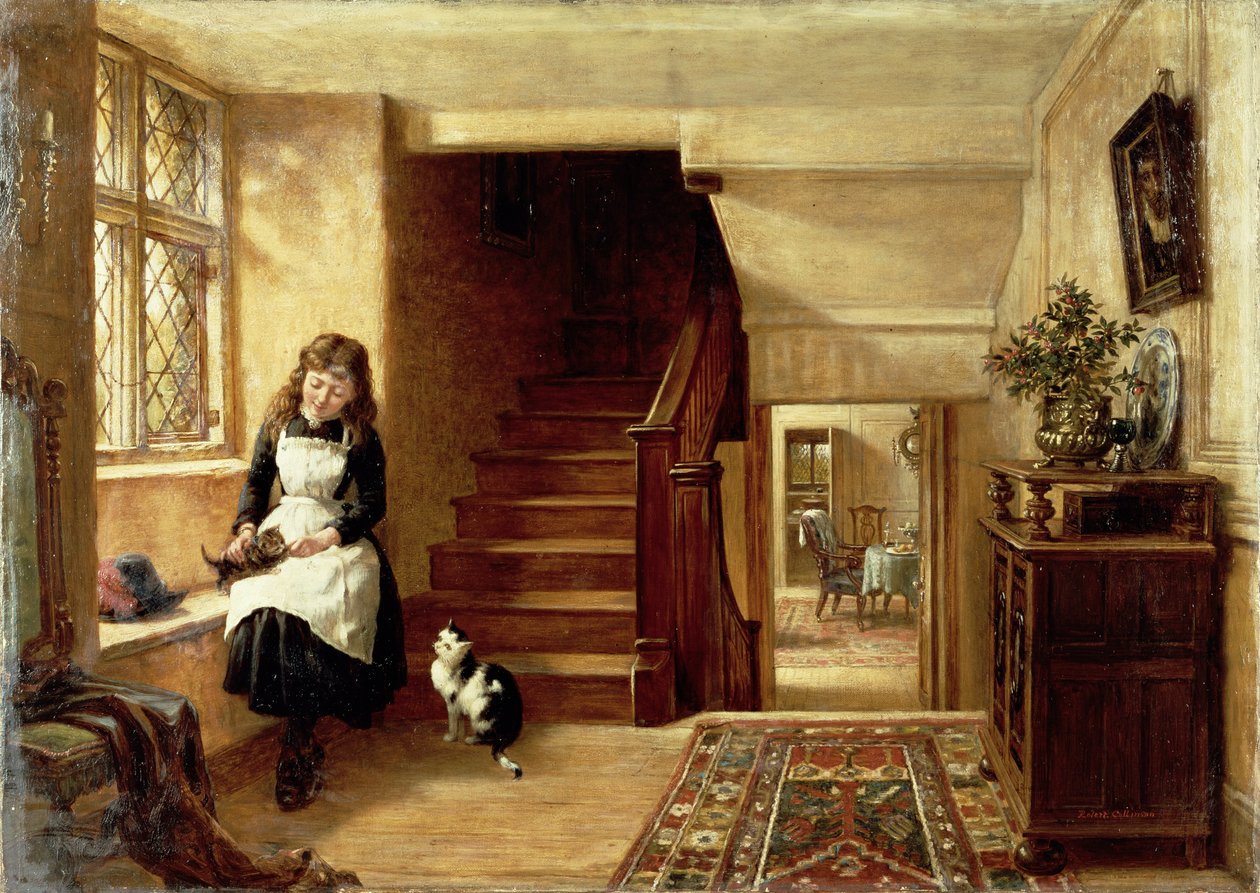 Et interiør med en pige, der leger med katte af Robert Collinson
