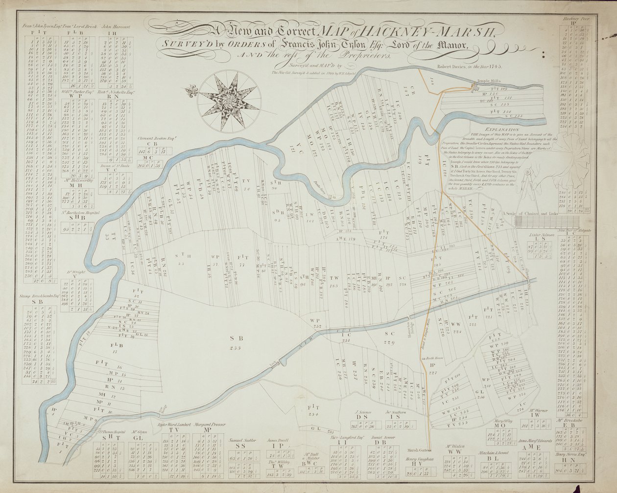 Et nyt og korrekt kort over Hackney Marsh, 1745 af Robert Davies