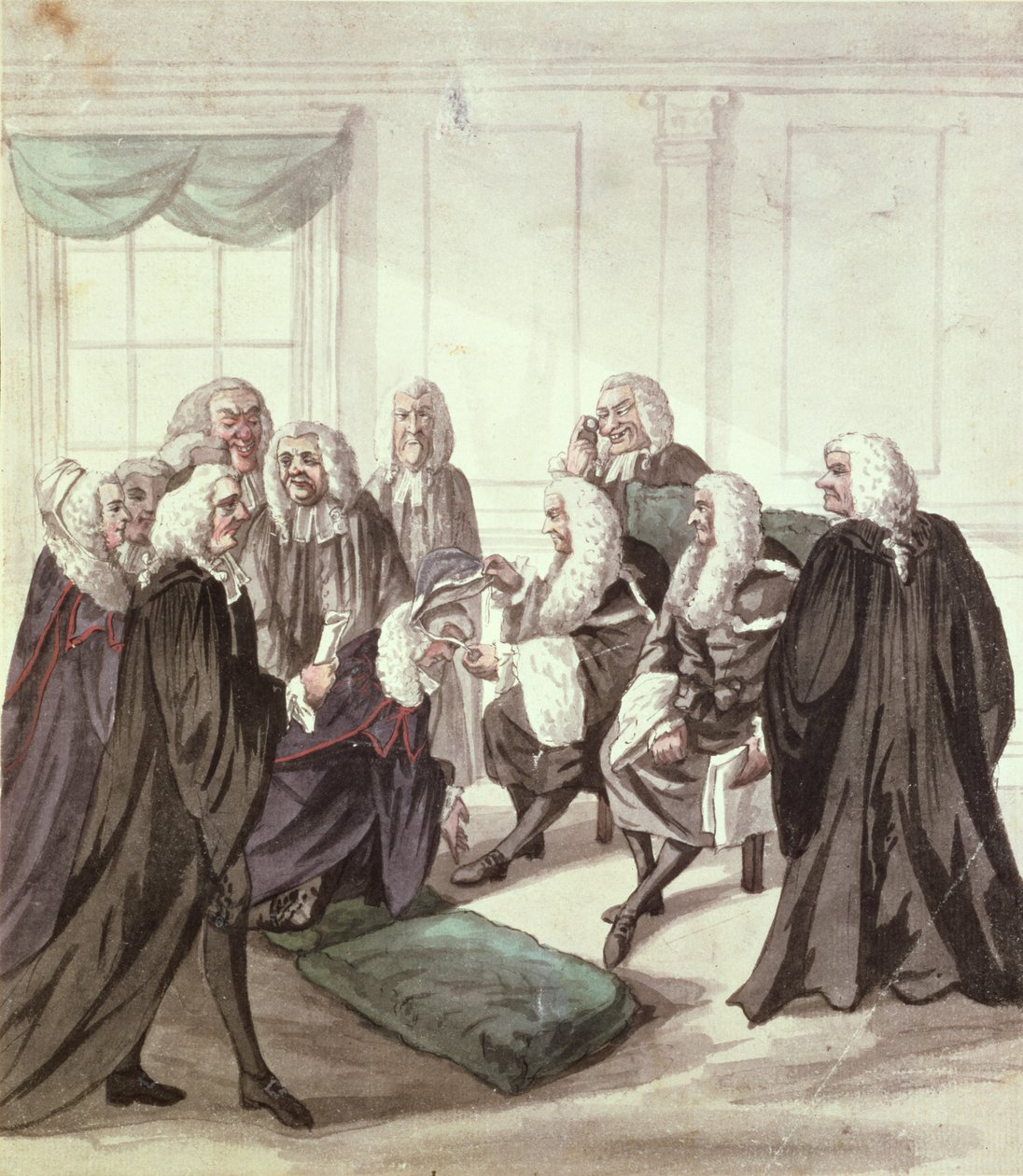 Et kig ind i Westminster Hall on a Call of Sergeants, 1700-tallet (pen og blæk og wc på papir) af Robert Dighton