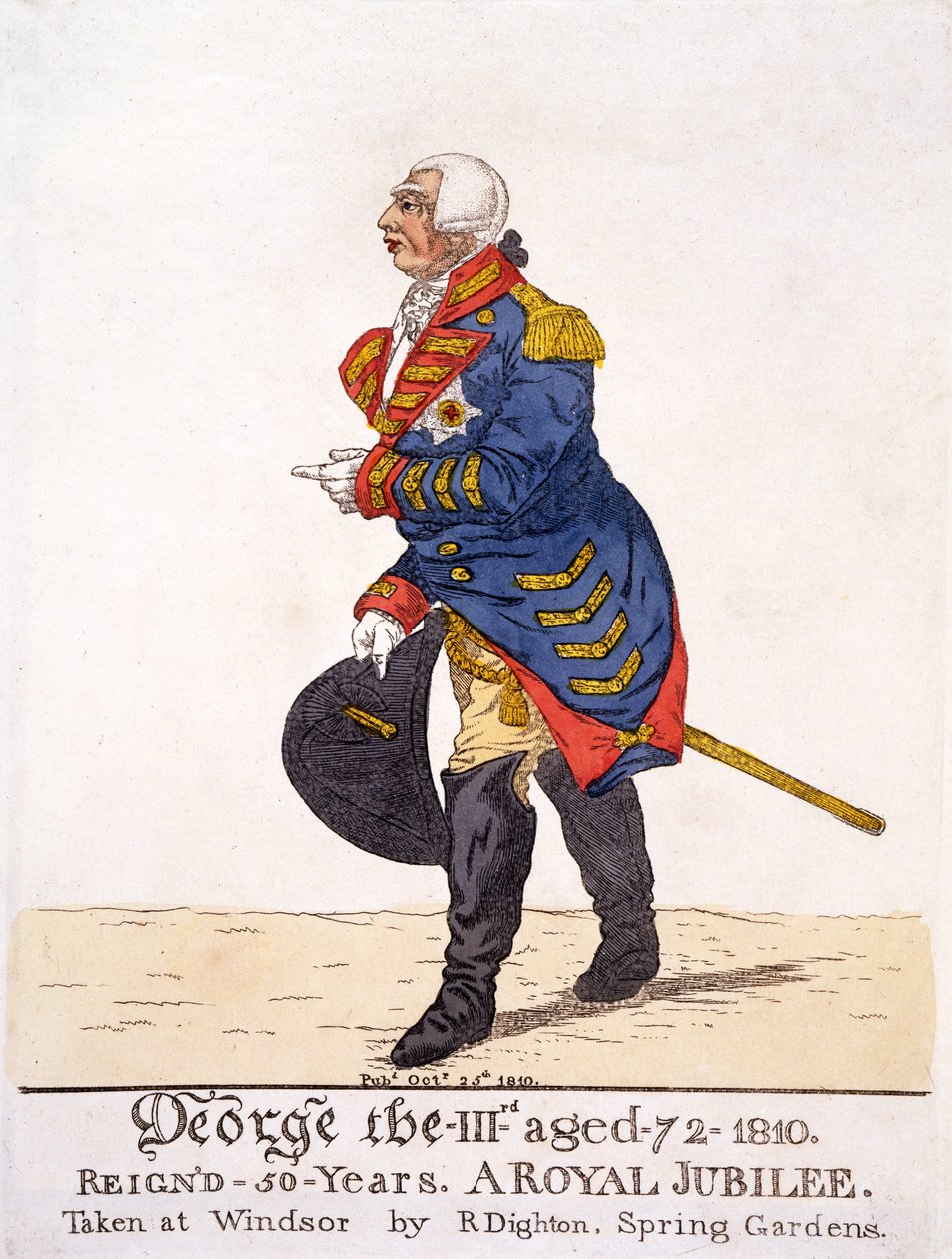 George III af Storbritannien i 1810 på sit halvtredsårs jubilæum, tryk af R. Dighton efter hans egen tegning udført i Windsor, pub. 25. oktober 1810 (farvelitografi) af Robert Dighton