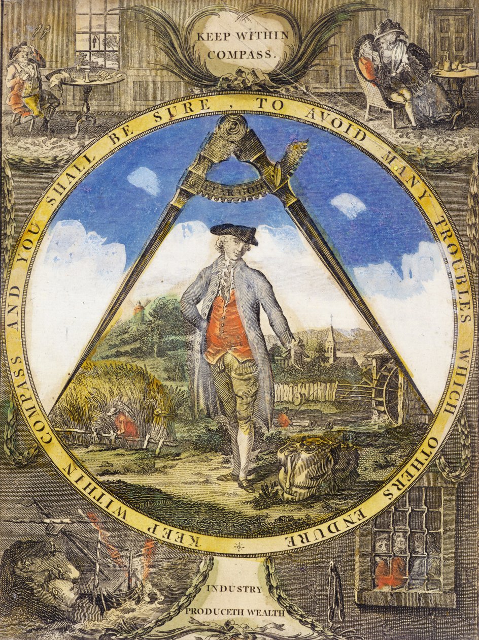Hold dig inden for kompasset ca. 1784 (håndkoloreret radering og gravering) af Robert Dighton