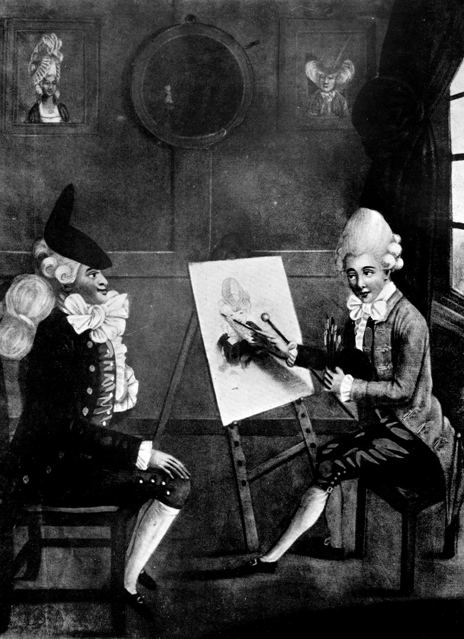 Makaronimaleren, eller Billy Dimple, der sidder til sit billede, 1770 af Robert Dighton