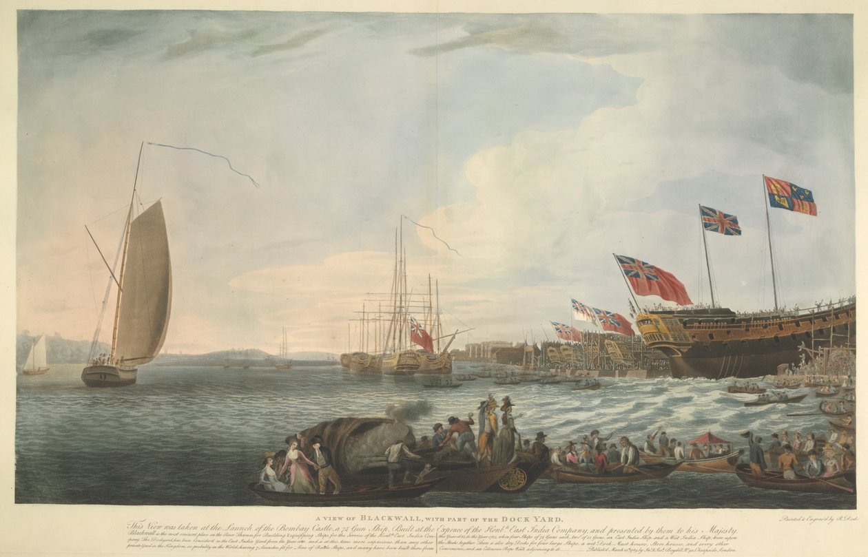 A View of Blackwall, med en del af Dockyard, ved lanceringen af Bombay Castle, 74 kanoner, bygget på bekostning af Hon. East India Company og præsenteret af dem til Hans Majestæt i juni 1782 af Robert Dodd