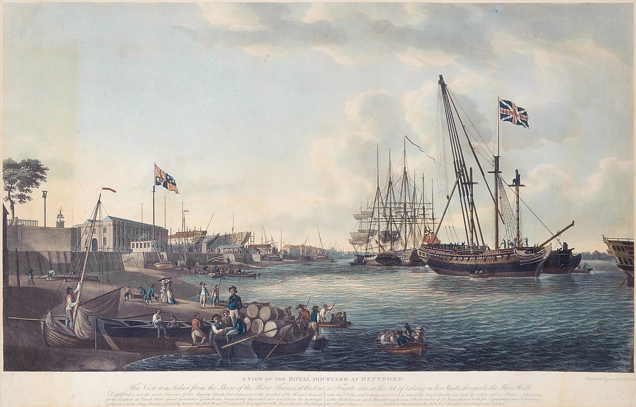 Udsigt over Royal Dockyard i Deptford, ca. 1789 af Robert Dodd