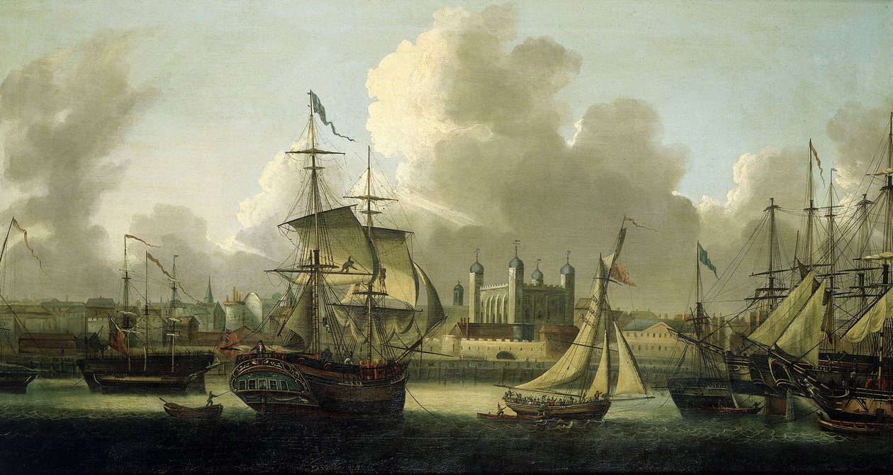 Sejlads i London (England), beskrivelse af Tower of London til venstre, forskellige både i alle størrelser illustrerer den store flodaktivitet på Themsen af Robert Dodd