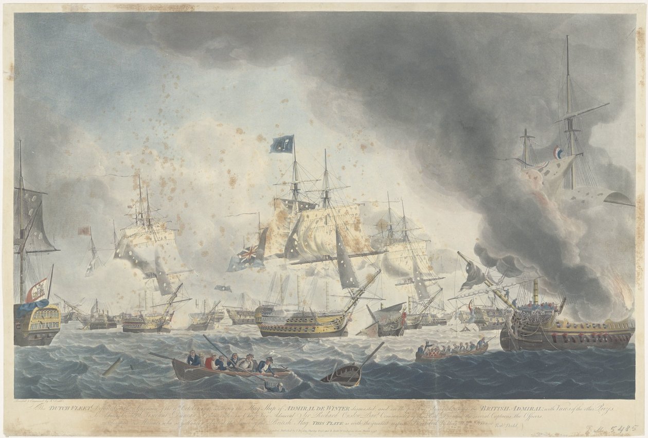 Slaget ved Kamperduin (1797): nederlag for den bataviske flåde Den hollandske flåde blev besejret om eftermiddagen den 11. oktober 1797, og viste admiral De Winters flagskib nedlagt (...) (titel på objekt) af Robert Dodd