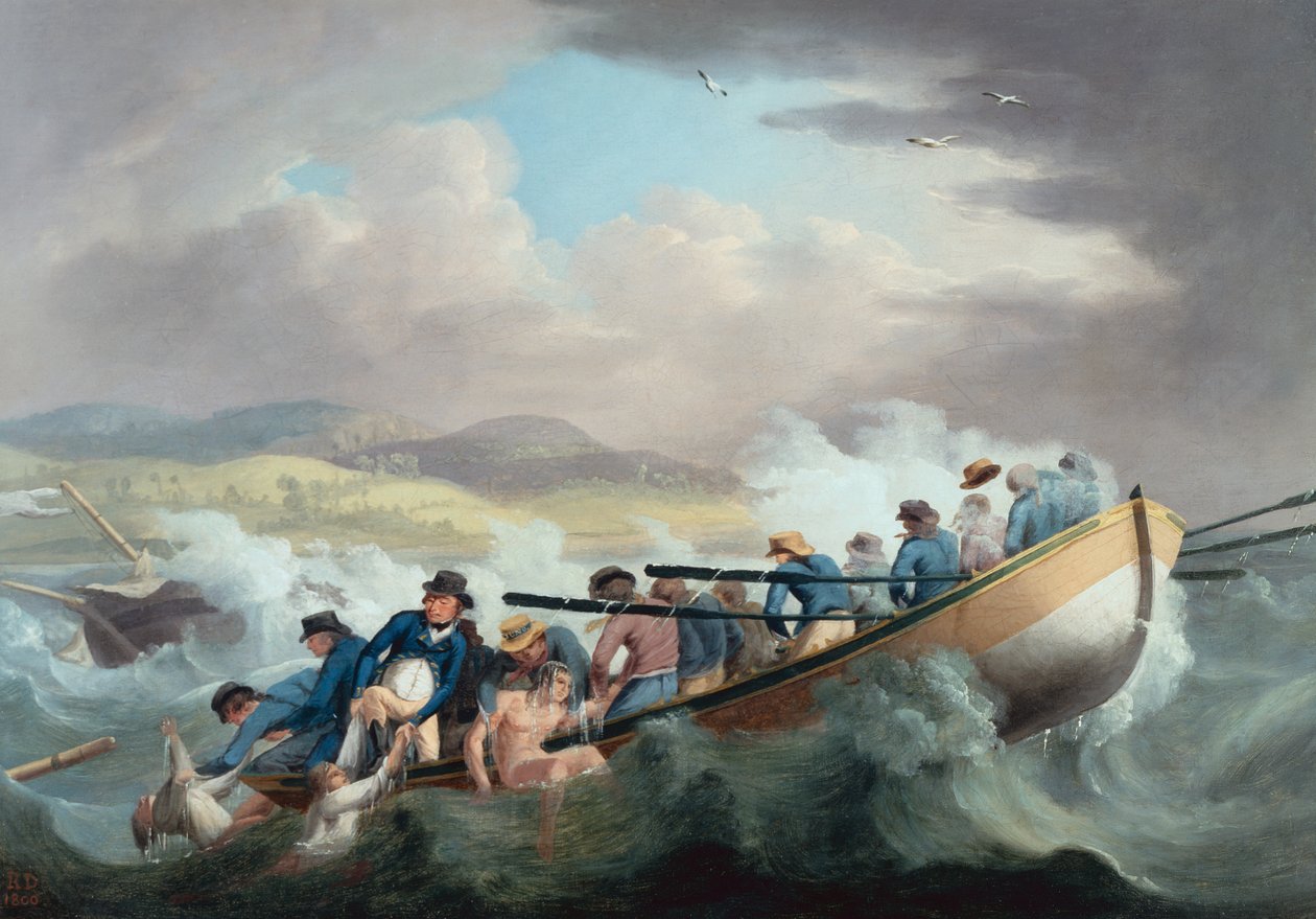 Overlevende fra et skibsforlis ud for Isle of Wight bliver reddet af besætningen på H.M.S. Juno af Robert Dodd