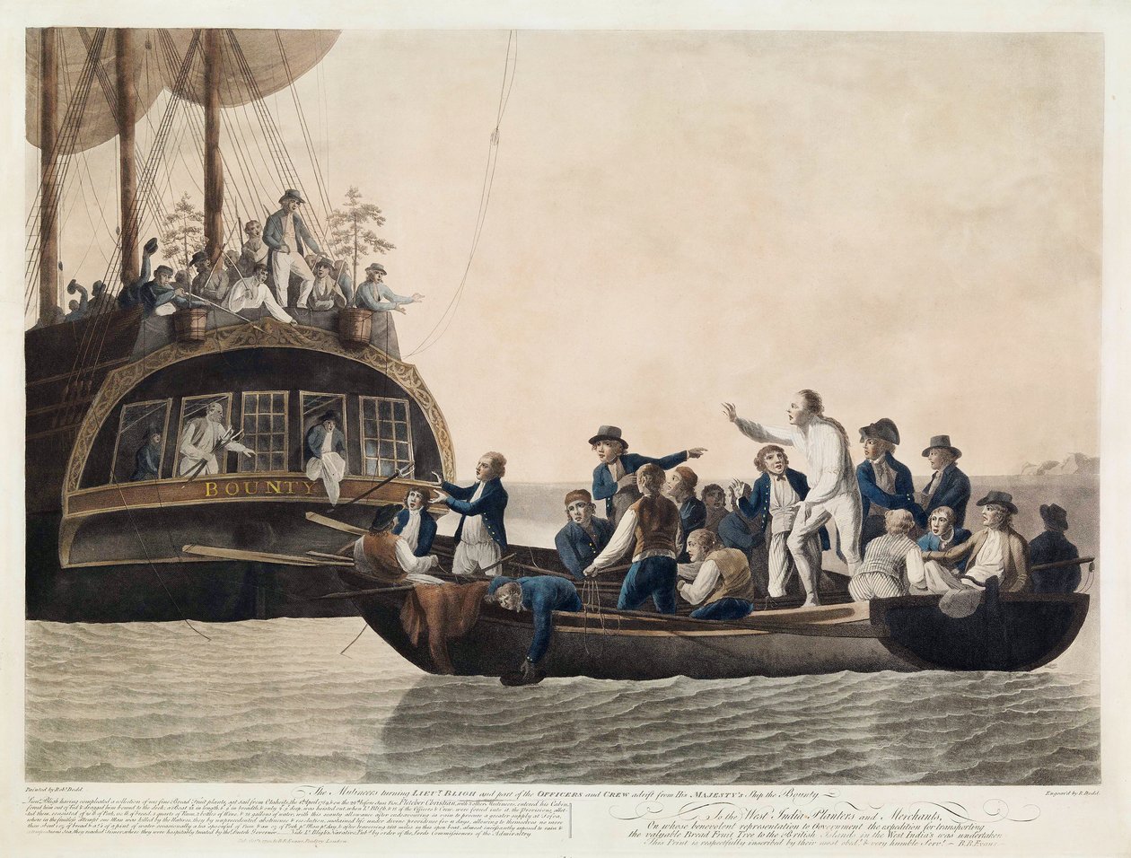 Mytteristerne, der bliver løjtnant Bligh og en del af officererne og besætningen Adrift, 29. april 1789, pub. 1790 af Robert Dodd