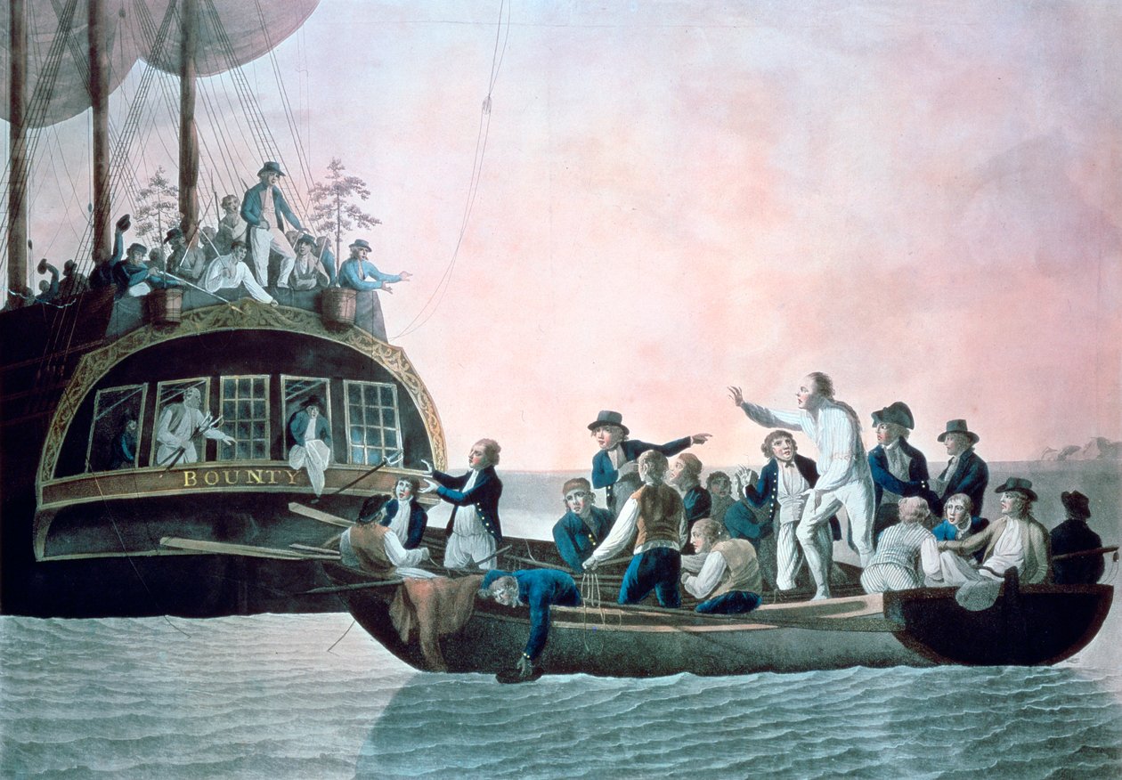 Mytteristerne vender løjtn Bligh ... og besætning på drift fra hans Majestys skib Bounty, 1790 af Robert Dodd