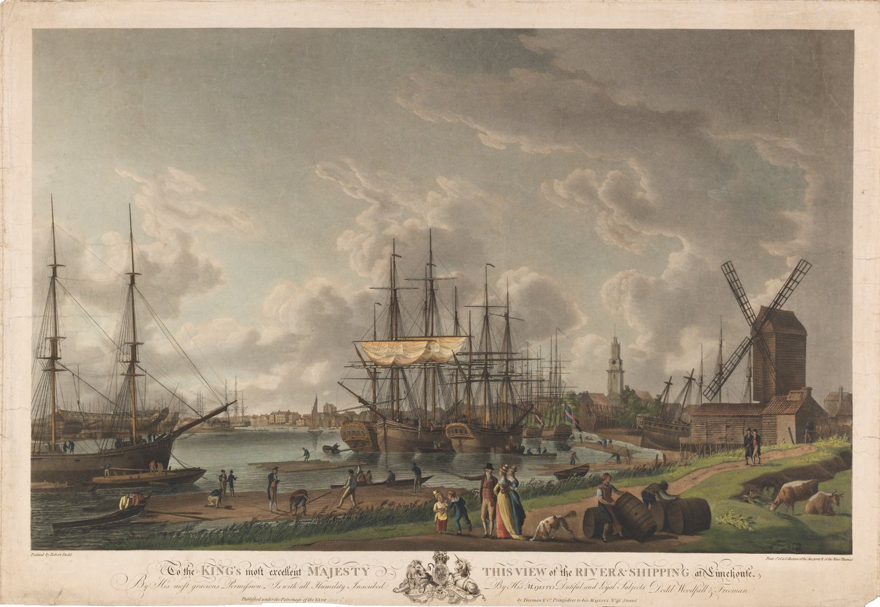 Til kongens mest fremragende majestæt denne udsigt over floden og skibsfarten ved Limehouse af Robert Dodd