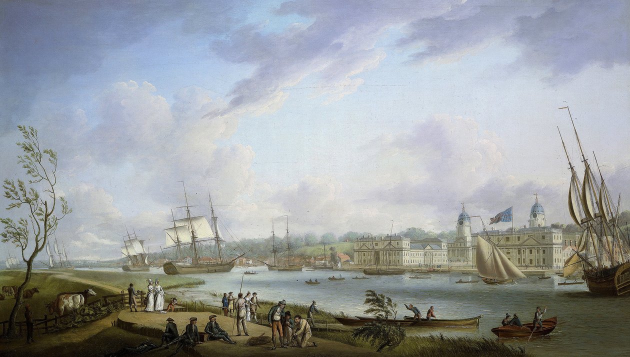 Udsigt over Greenwich, beskrivelse af Themsen og aktiviteterne på dens bredder, samt af flodsejlads med forbehold for tidevandets betydning. Olie på lærred af Robert Dodd