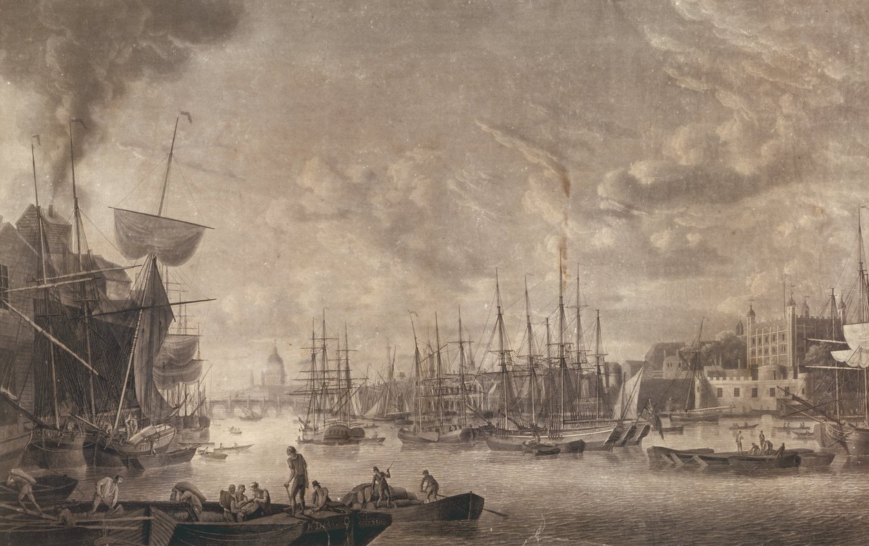 Udsigt mod London Bridge fra en båd fortøjet nær Tower of London, 1793 (akvatint) af Robert Dodd