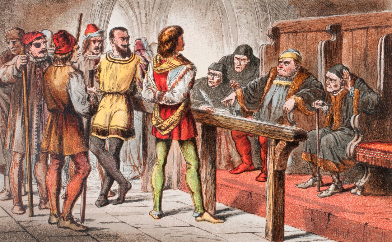 Dogberry taler i Stor ståhej for ingenting, 4. akt, 2. scene: "Skriv ned, at de håber, de tjener Gud, og skriv Gud først, for kun Gud bør gå foran sådanne skurke", fra "The Illustrated Library Shakespeare", udgivet i London 1890 (farve l af Robert Dudley