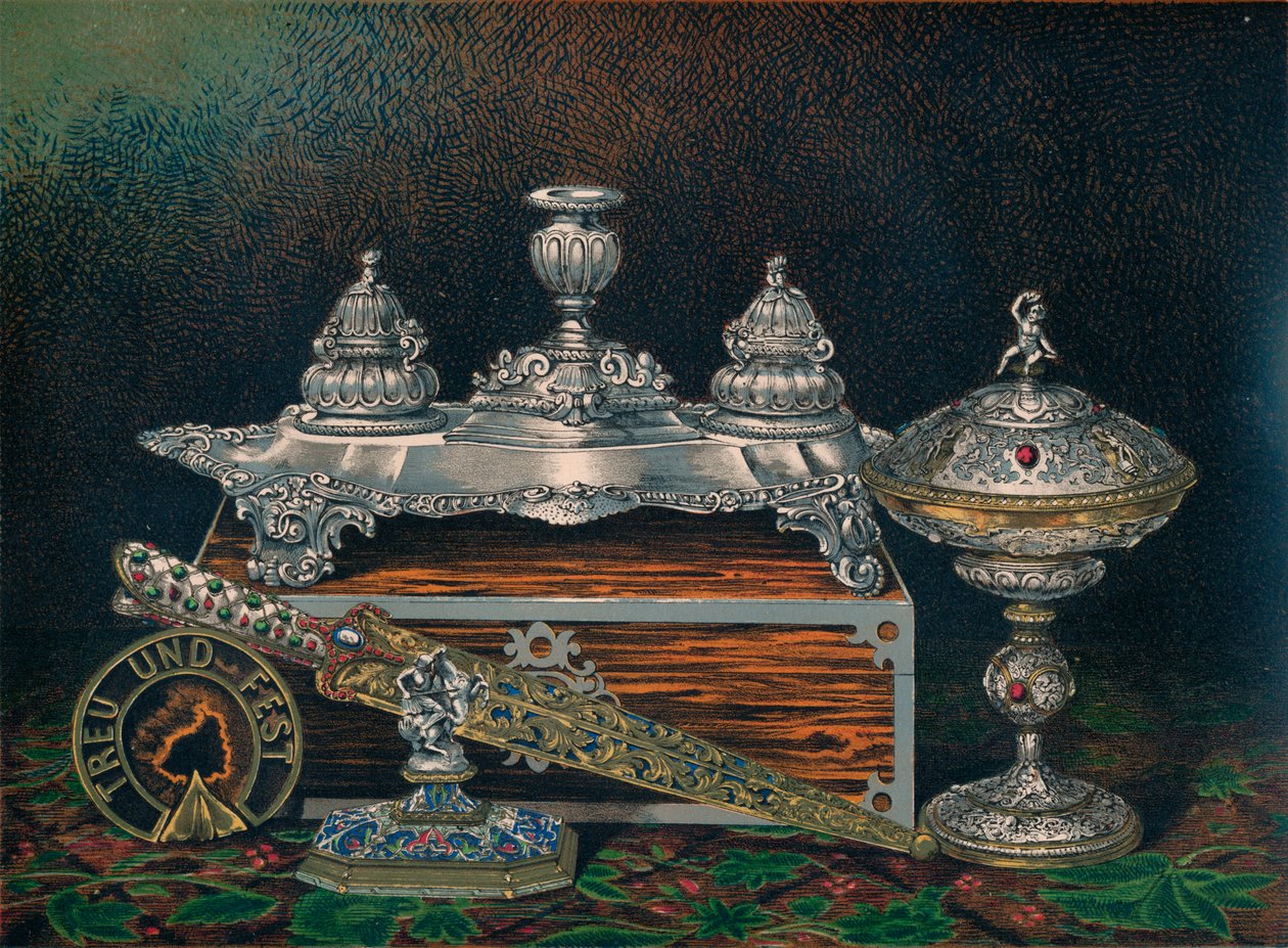 Blækstand, papirvægt, jagtkniv eller dolk, dækket Tazza, papirvægt, 1863 af Robert Dudley