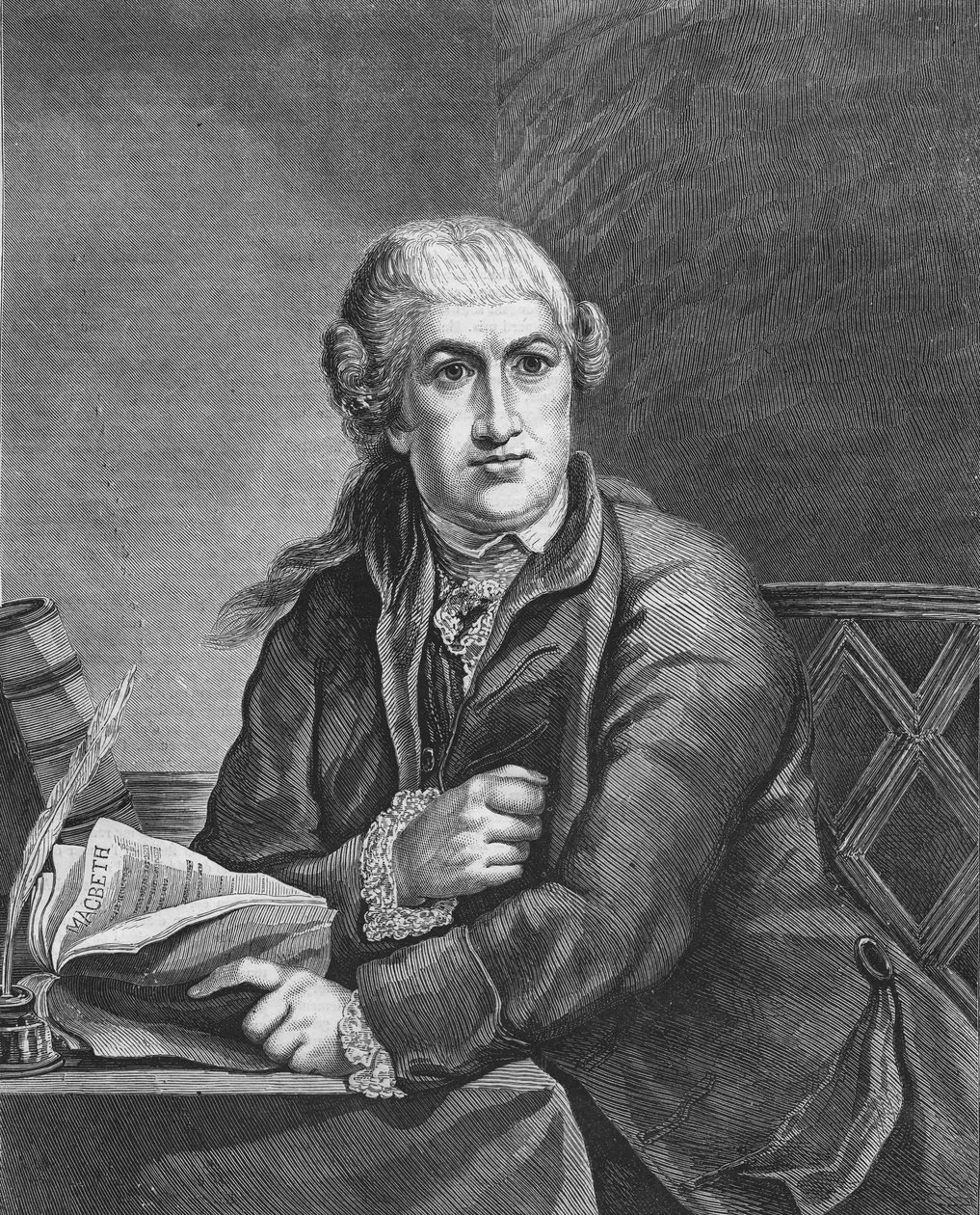 David Garrick Britisk skuespiller (1717 - 1779) studerer rollen som Shakespeares Macbeth; 1800-tals gravering, baseret på maleriet af Robert-Edward Pine. Bianchetti samling. af Robert Edge (after) Pine
