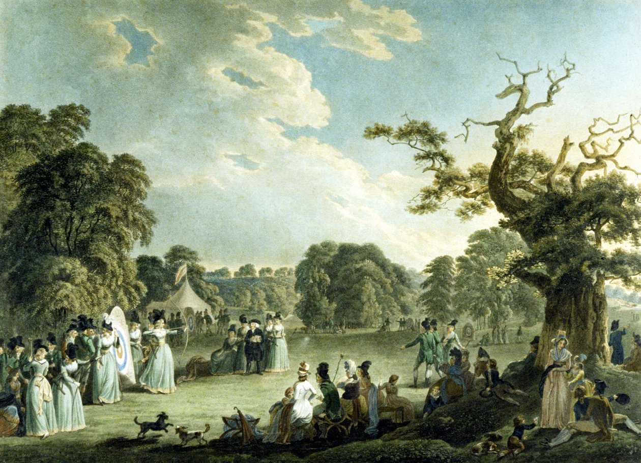 Society of Royal Archers, graveret af Cornelius Apostool (1762-1844) 1794 (farve litho) af Robert and Emes John Smirke