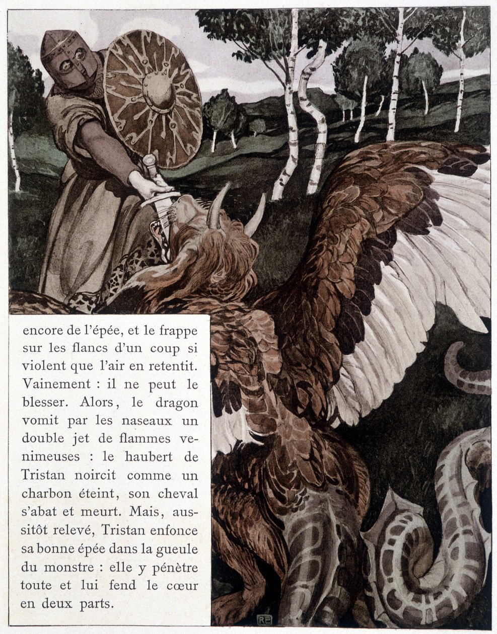 Tristan kæmper med en drage - i "The Roman by Tristan and Iseult" af J. Bédier, illustreret af Robert Engels, Art Edition, Paris af Robert Engels