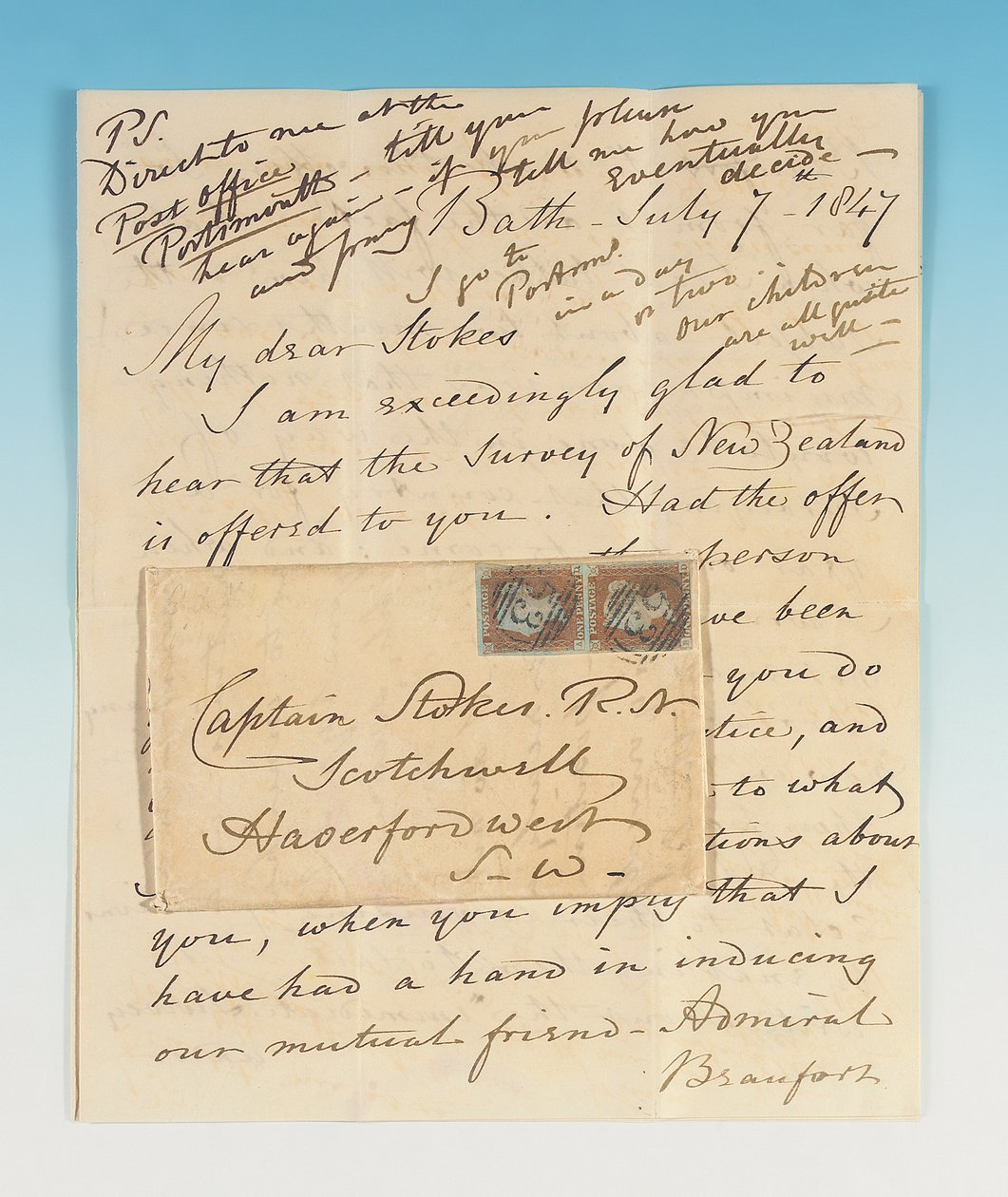 Autografbrev underskrevet til John Lort Stokes, Bath, 7. juli 1847 af Robert Fitzroy
