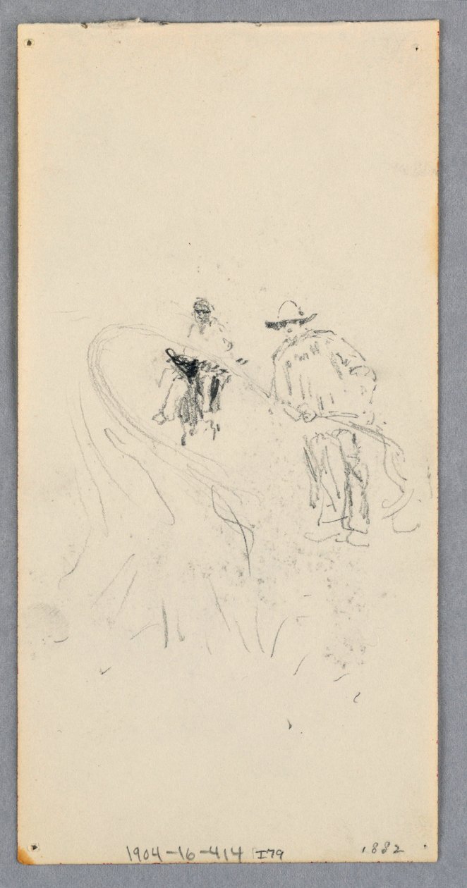 Tegning, udvendig væg: Bugt, balkon og gesims (recto); To figurer og uidentificerede linjer (verso), 1882 af Robert Frederick Blum