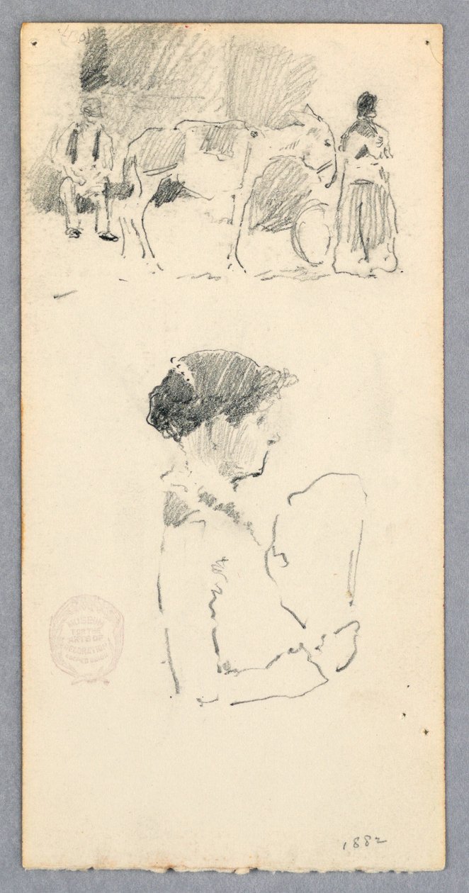 Tegning, Scene med æsel og to figurer; kvinde med vifte, 1882 af Robert Frederick Blum