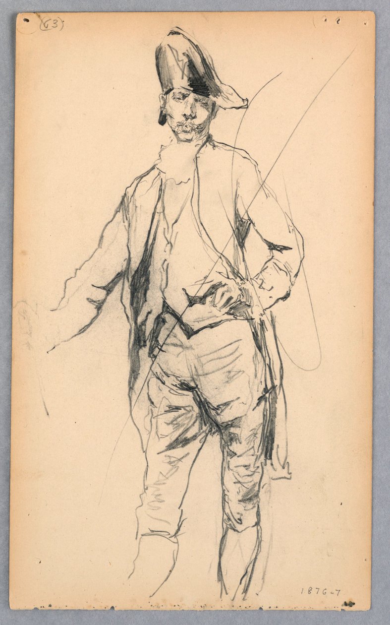 Tegning, stående mandsfigur i 1600-talsdragt, 1876-77 af Robert Frederick Blum