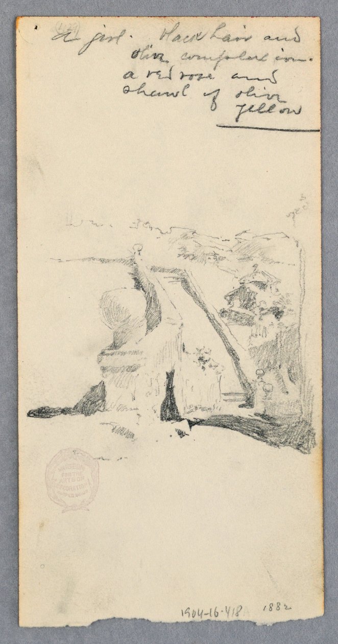Tegning, Udsigt fra et højt sted med kig ned i byen (recto); kvinde med krukke (verso), 1882 af Robert Frederick Blum