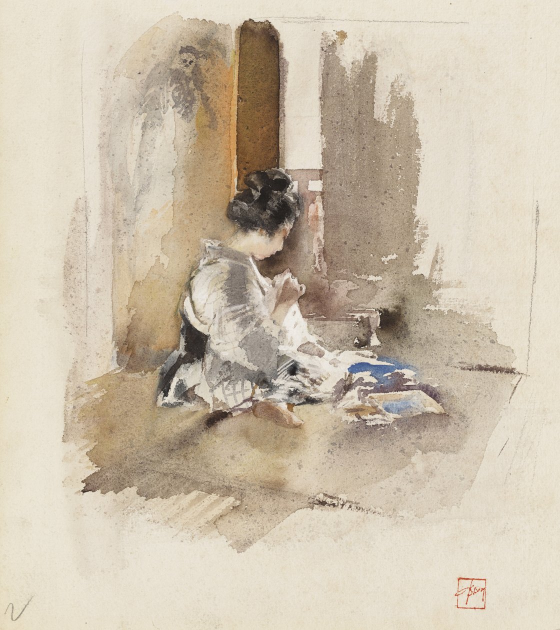 Japanese Girl Sewing, 1890dani af Robert Frederick Blum