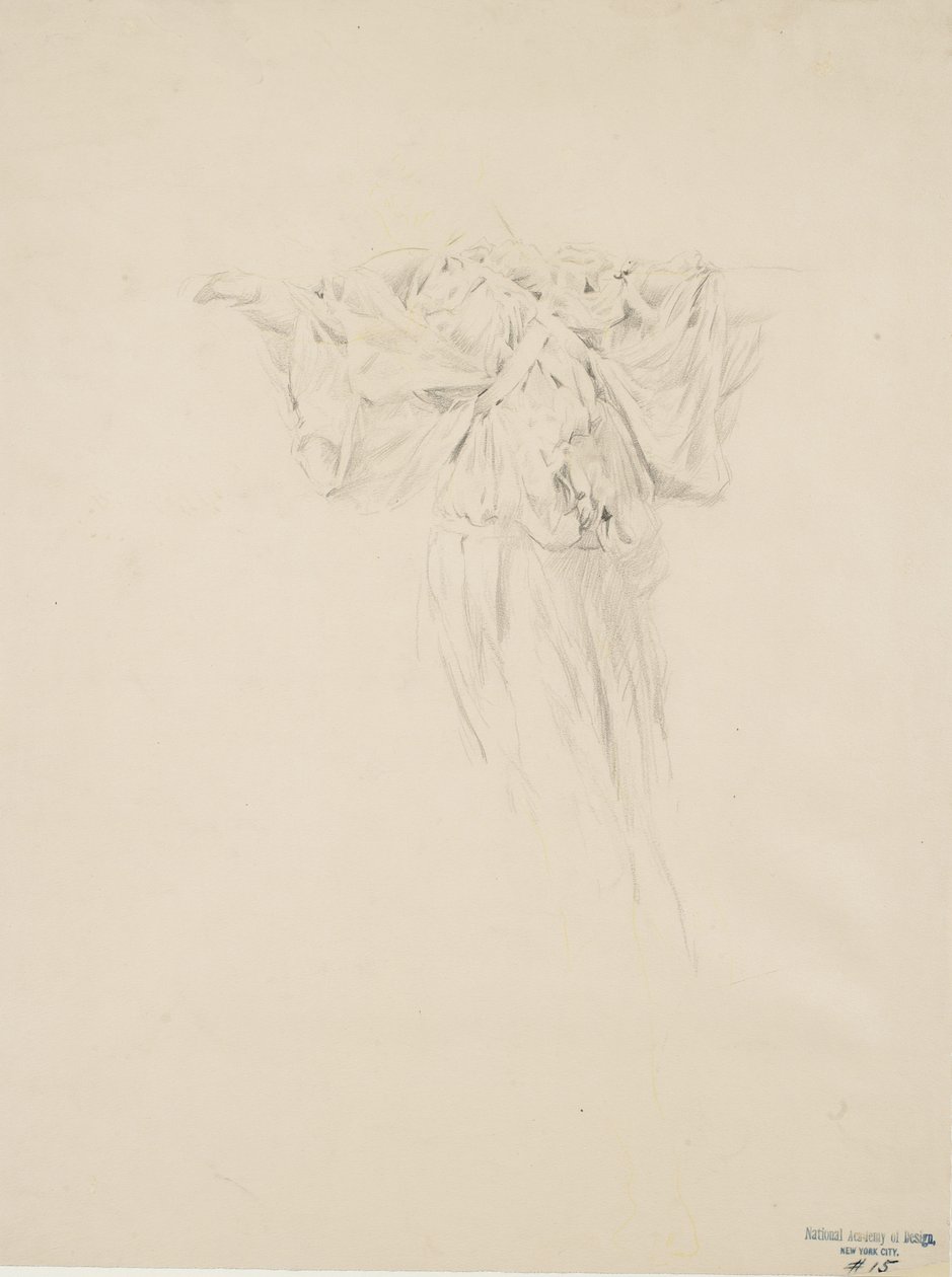 Undersøgelse af draperi til Moods to Music vægmaleri, 1893-95 (grafit med gul blyant på buffvævet papir) af Robert Frederick Blum