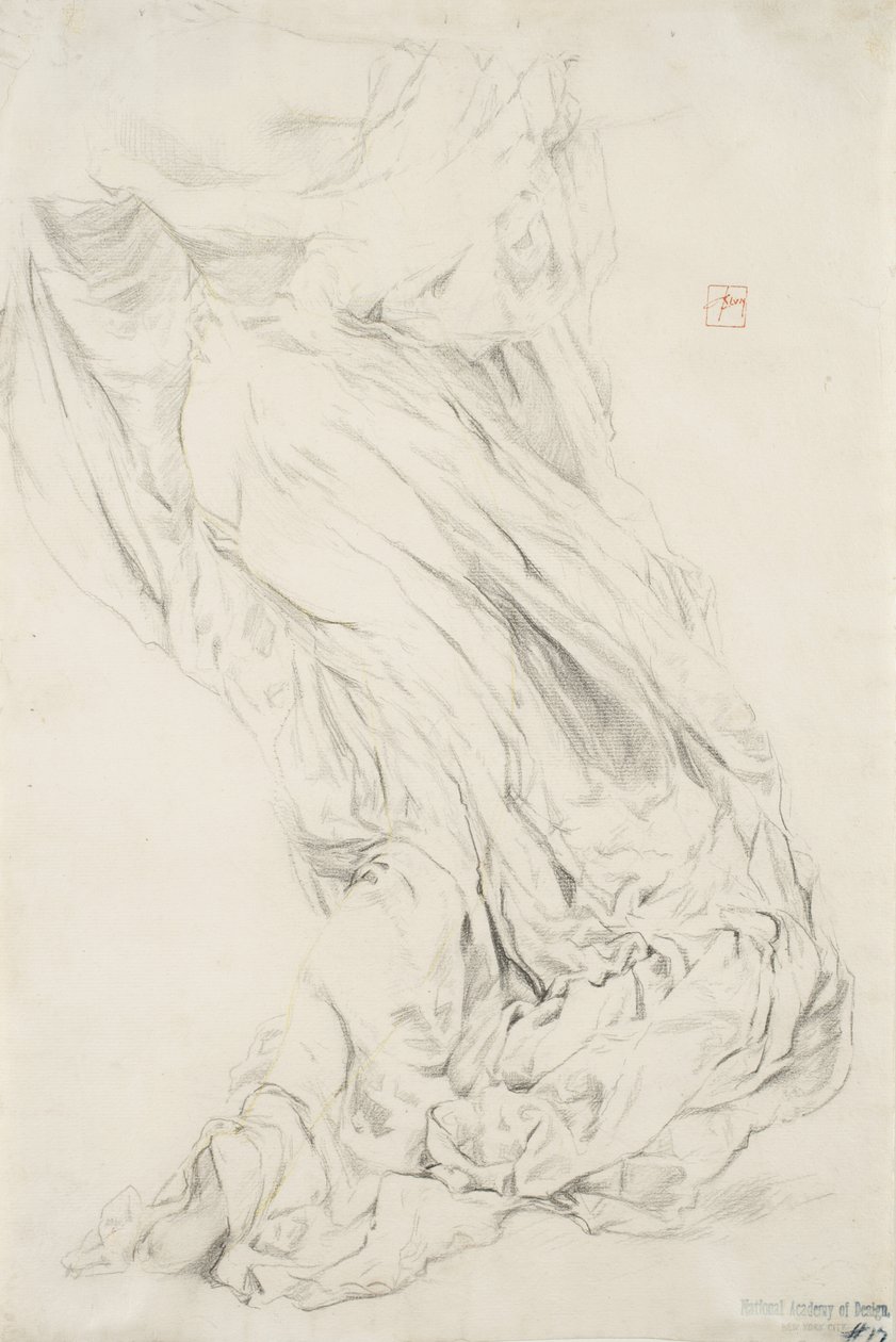 Undersøgelse af draperi for Moods to Music vægmaleri, 1893-95 (grafit med gul blyant på cremepapir) af Robert Frederick Blum