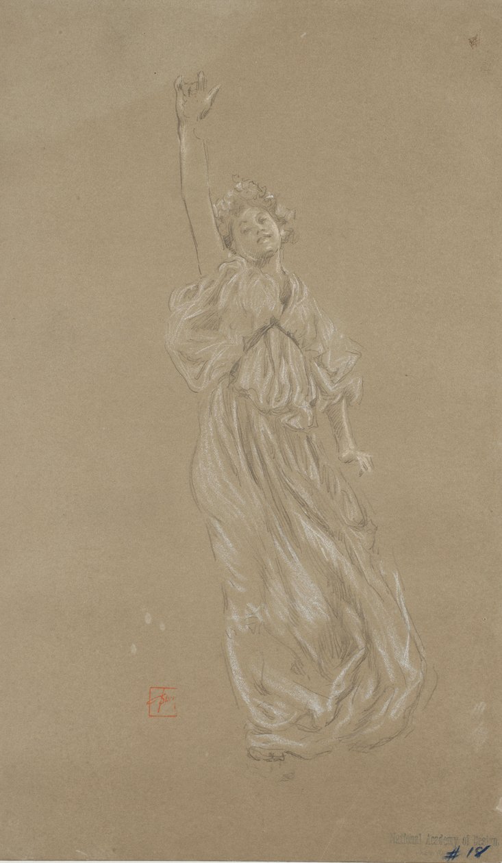 Studie af stående draperet kvindefigur, til Moods to Music vægmaleri (sort-hvidt kridt på papir) af Robert Frederick Blum