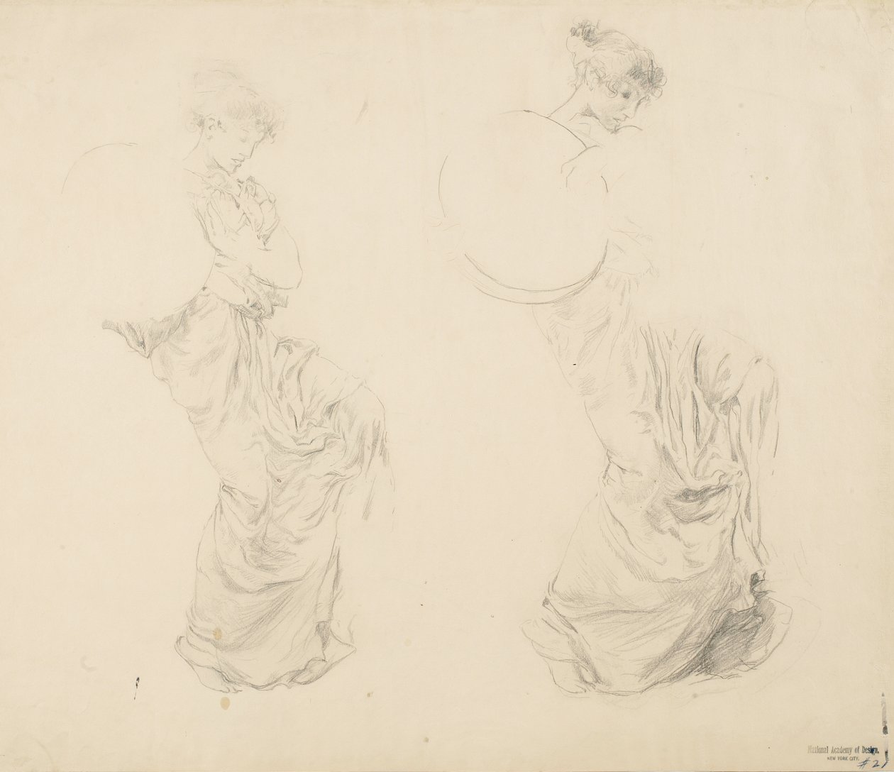 Studie af to kvindefigurer for Moods to Music vægmaleri, 1893-95 (grafit med rød blyant på buff-vævet papir) af Robert Frederick Blum